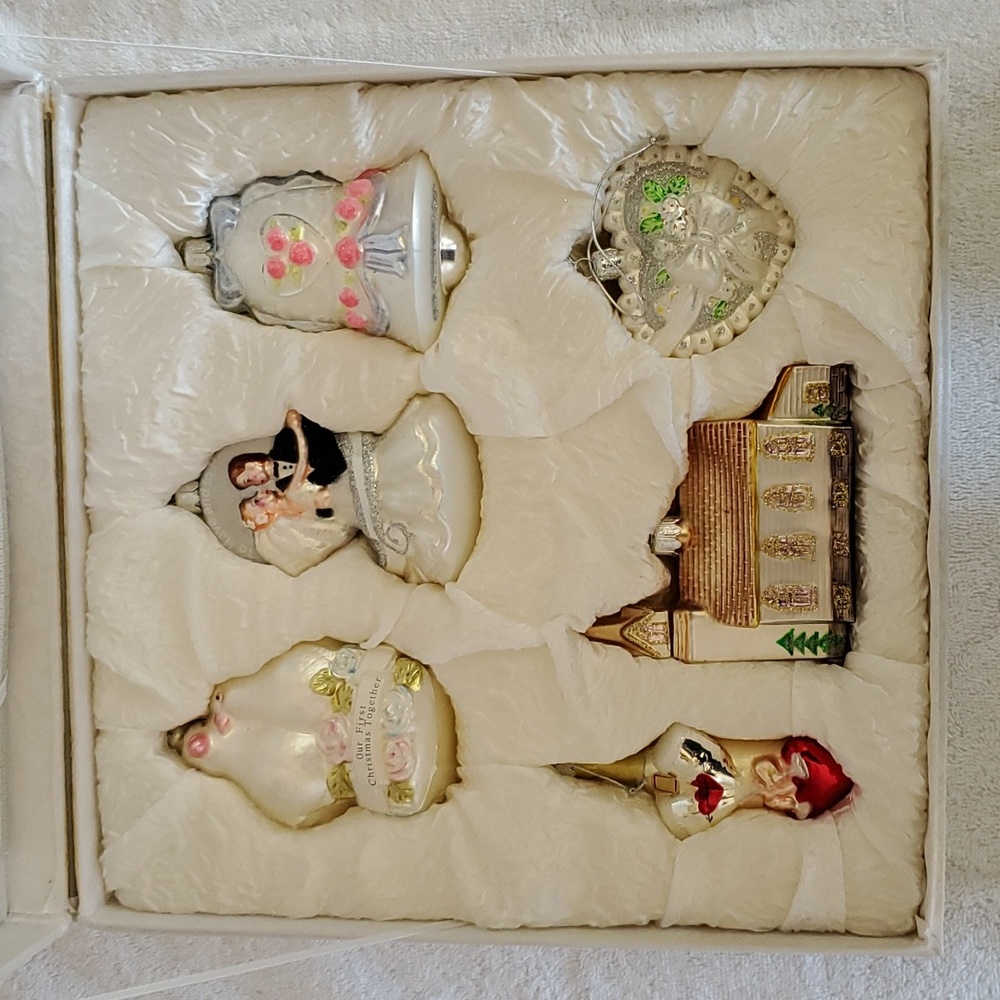 Rare Set of Kurt Adler Mercury Glass Wedding Ornaments in Satin Box